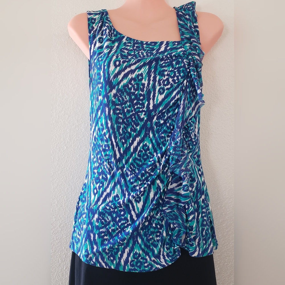 INC Blue Tribal Print Sleeveless Ruffle Tank Top